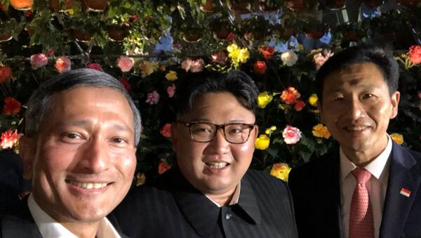Ministro de Relações Exteriores de Cingapura, Vivian Balakrishnan (à esquerda), tira selfie com o líder norte-coreano Kim Jong-un e foto viraliza nas redes sociais. Kim está em Cingapura para um encontro com o presidente dos EUA Donald Trump. - Sputnik Brasil