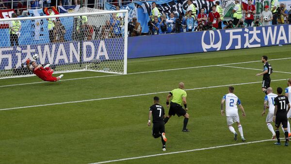 O goleiro Halldórsson, da Islândia, defende penalti batido por Lionel Messi durante partida do grupo D da Copa do Mundo. - Sputnik Brasil