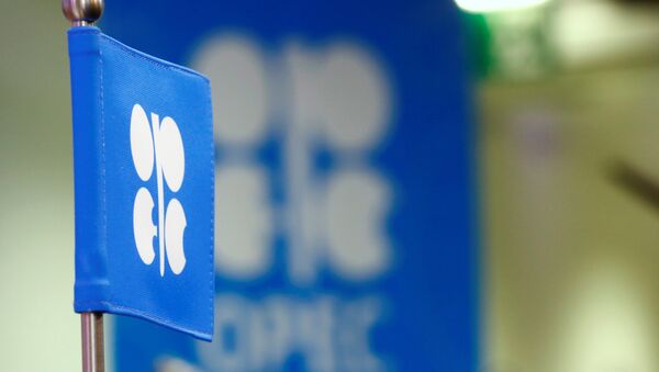 A bandeira da OPEP e o logotipo da OPEP em coletiva em Viena (foto de arquivo) - Sputnik Brasil