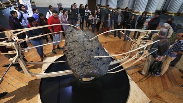 Pessoas observando o meteorito La Concepcion no Museu Ex Teresa Arte Actual, na Cidade do México - Sputnik Brasil