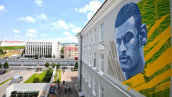 Imagem de Neymar é grafitada no prédio em Kazan, Rússia, 5 de julho de 2018 - Sputnik Brasil