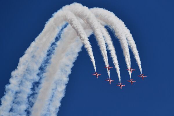 Aviões da Força Aérea Real do Reino Unido se apresentam durante uma das etapas da Fórmula 1, em Silverstone - Sputnik Brasil