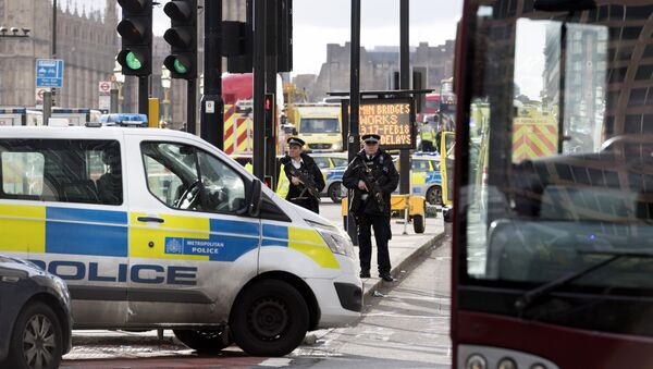 Policiais cercam o território perto do Parlamento do Reino Unido em Londres, onde um homem atacou um policial e pedestres. - Sputnik Brasil