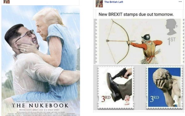 Posts de uma das páginas removidas pelo Facebook mostram uma paródia do filme Diário de uma Paixão (The Notebook, no original em inglês) com o presidente dos EUA, Donald Trump e o líder norte-coreano Kim Jong-un. O título foi alterado para A Bomba (The Nuke). Ao lado, outro post faz piada sobre o Brexit, anunciando novos selos para comemorar a saída da UE. - Sputnik Brasil