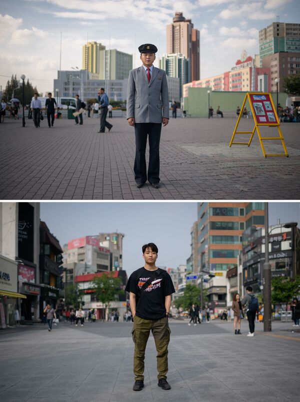 Estudante norte-coreano de 23 anos de idade, Pak Kum Ryong (acima), em Pyongyang e estudante sul-coreano Lim Jun-beom de 24 anos (abaixo) em Seul - Sputnik Brasil