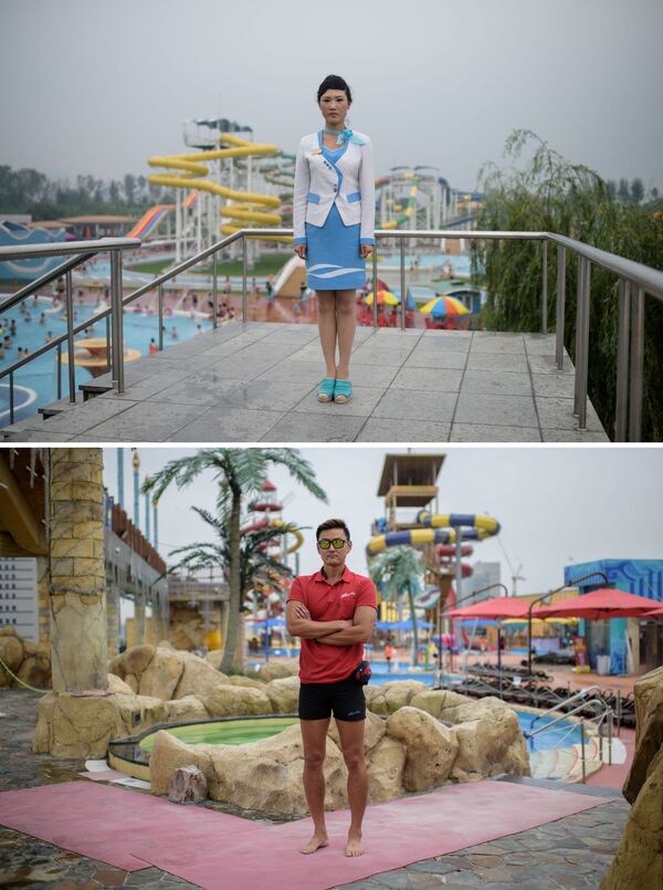 Funcionária norte-coreana Choe Un Hwa (acima), do parque aquático de Pyongyang e salva-vidas sul-coreano Kim Young-hoon (abaixo), no parque aquático de Ilsan - Sputnik Brasil