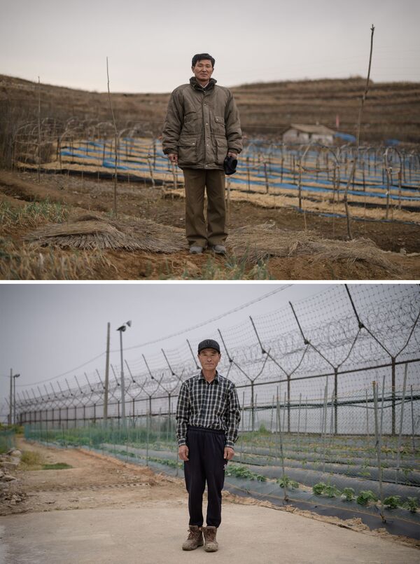 Gerente da fazenda, Kim Young Guk (acima), na cidade norte-coreana de Kaesong e o agricultor sul-coreano Hwang In-suk (abaixo) em frente à zona desmilitarizada - Sputnik Brasil