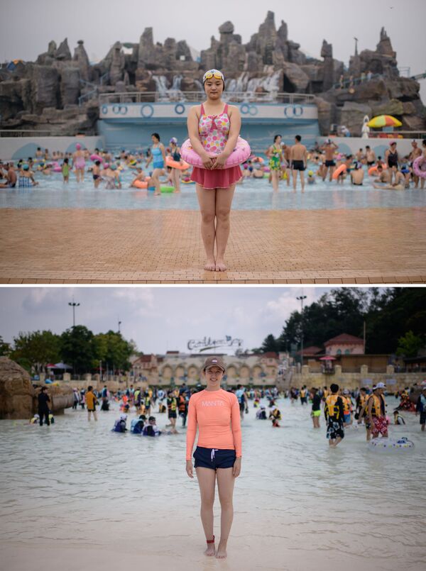 Turistas no parque aquático em Pyongyang (Coreia do Norte) e no parque aquático Carribean Bay ao sul de Seul (Coreia do Sul) - Sputnik Brasil