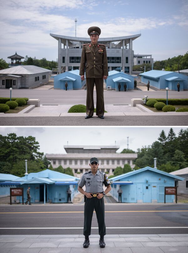 Guardas fronteiriços norte-coreano (acima) e sul-coreano (abaixo), em lados opostos da fronteira - Sputnik Brasil