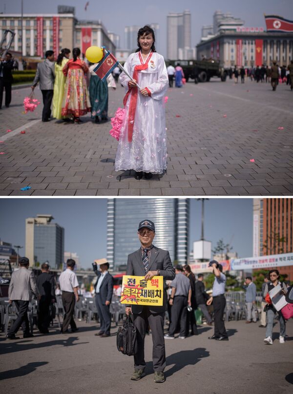 Manifestantes norte-coreana em Pyongyang (acima) e sul-coreano em Seul (abaixo) - Sputnik Brasil