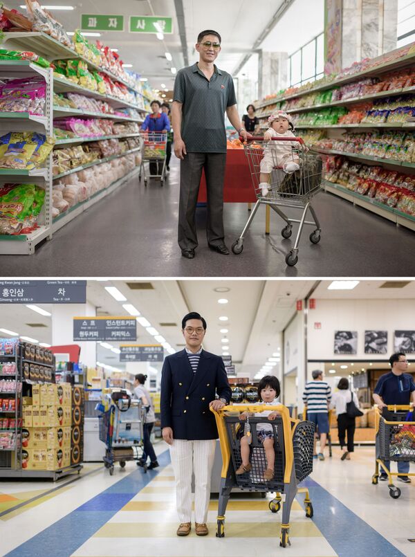 Pais com crianças em supermercados na capital norte-coreana de Pyongyang (foto acima) e na capital sul-coreana de Seul (foto abaixo) - Sputnik Brasil