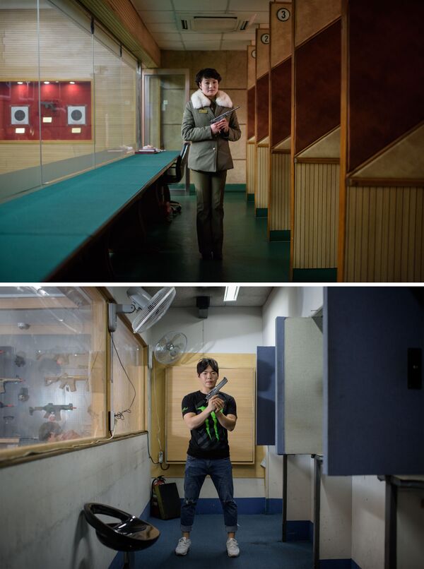 Instrutores de tiro norte-coreana em Pyongyang (acima) e sul-coreano em Seul (abaixo) - Sputnik Brasil