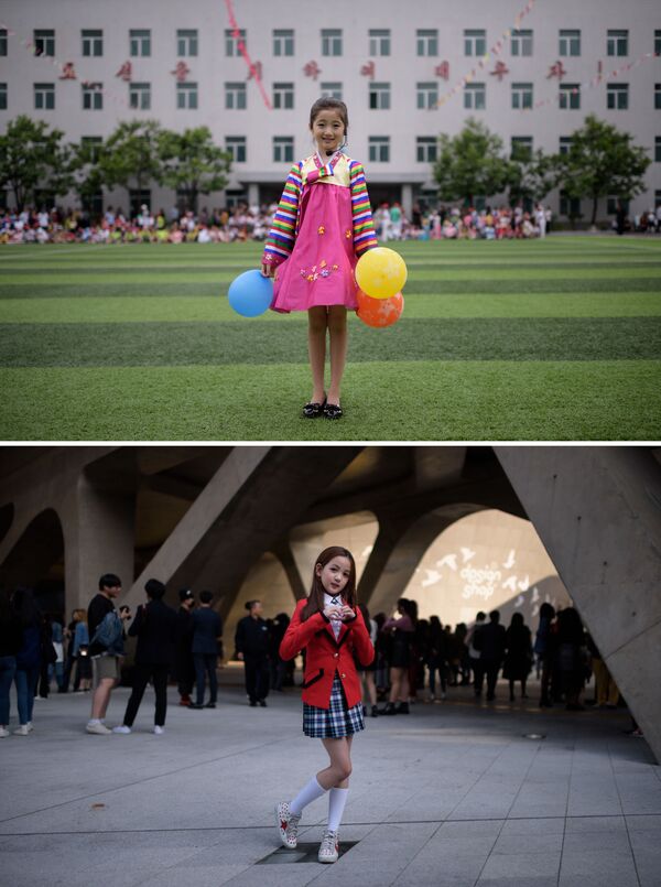 Dançarina de 9 anos de idade, Kim Song Jong (acima), na celebração do Dia Mundial da Criança em Pyongyang (Coreia do Norte) e dançarina Yoon Hyerim (abaixo), de 10 anos, após uma apresentação de dança em Seul (Coreia do Sul) - Sputnik Brasil