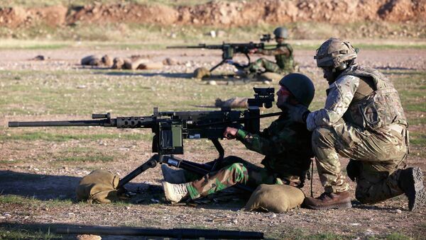 Instrutor britânico em treinamento com combatentes curdos iraquianos nos arredores de Arbil em novembro de 2014 - Sputnik Brasil
