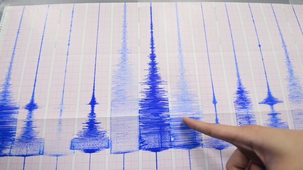 Funcionário de centro de sismologia aponta para gráfico que mostra a atividade de um terremoto registrado pelo Centro de Meteorologia central em Taipé, em 20 de abril de 2015 (imagem de arquivo) - Sputnik Brasil