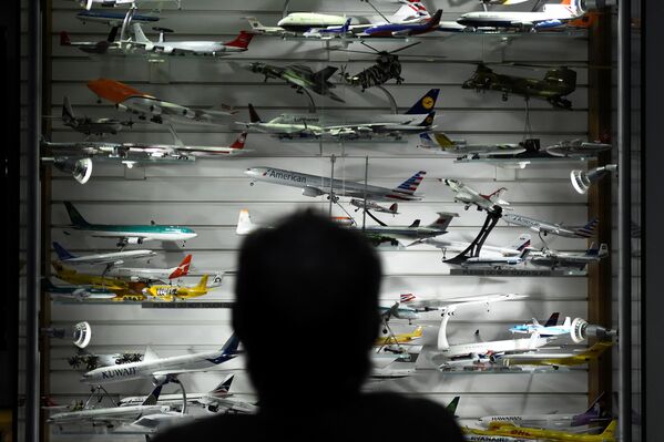 Homem olhando para a maior coleção no mundo de modelos de aviões exposta no aeroporto irlandês de Shannon. - Sputnik Brasil
