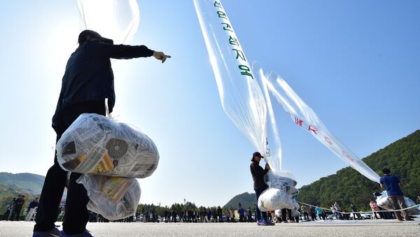 Ativistas sul-coreanos se preparam para soltar balões que transportam panfletos contra a Coreia do Norte em um parque perto da fronteira. - Sputnik Brasil