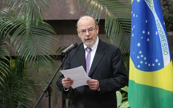 Embaixador brasileiro em Moscou, Antonio Luis Espinola Salgado, discursa durante a abertura da exposição dedicada ao 190° aniversário das relações bilaterais russo-brasileiras, no Ministério das Relações Exteriores da Rússia, em 26 de outubro de 2018 - Sputnik Brasil