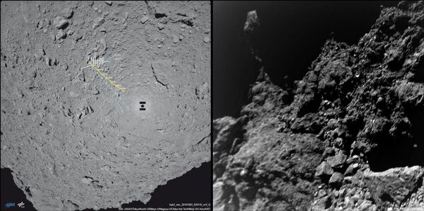 Mapa das deslocações (à esquerda) e a primeira foto transmitida pelo rover MASCOT do asteroide Ryugu - Sputnik Brasil