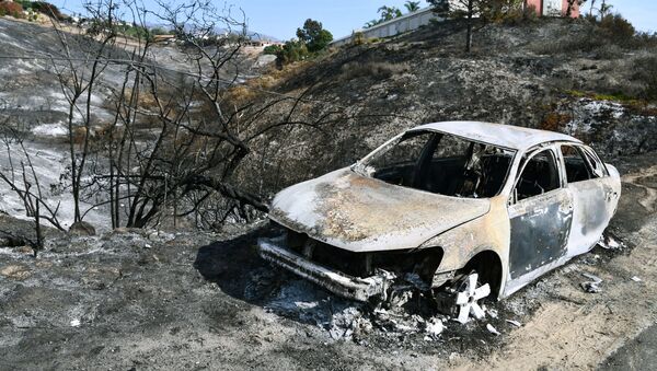 Carro queimado pelos incêndios florestais perto da cidade de Malibu, na Califórnia - Sputnik Brasil