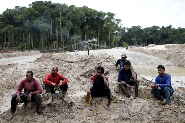 Mineiros detidos para interrogatório em mina ilegal de ouro, localizada no sudeste do estado do Pará, durante uma operação conduzida por agentes do Ibama, Brasil, 5 de novembro de 2018 - Sputnik Brasil
