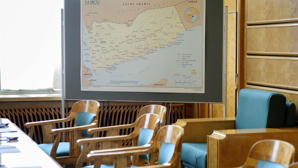 Mapa do Iêmen em uma sala destinada às negociações na sede da ONU em Genebra, em 15 de junho - Sputnik Brasil
