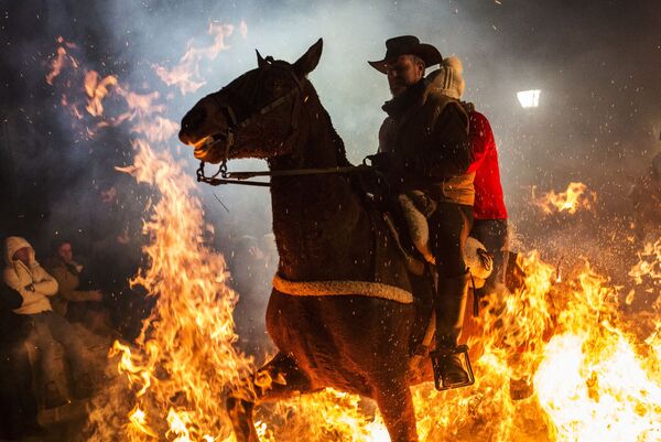 Casal a cavalo passando pelo fogo durante o festival anual Las Luminarias na cidade espanhola de San Bartolomé de Pinares - Sputnik Brasil