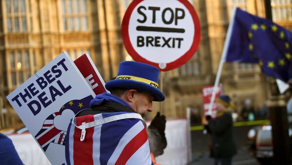Manifestantes contra o Brexit ao lado do prédio do Parlamento em Londres - Sputnik Brasil