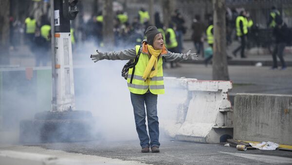 Manifestante em protestos dos coletes amarelos em Paris - Sputnik Brasil