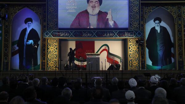 O líder do Hezbollah, Sayyed Hassan Nasrallah, faz um discurso ao vivo durante comemorações do 40º aniversário da Revolução Islâmica do Irã, ao sul de Beirute, no Líbano. - Sputnik Brasil