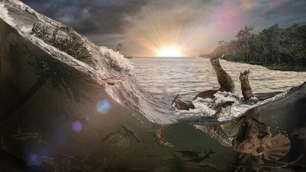 Representação artística da morte de um dinossauro no desastre de Chicxulub, no México - Sputnik Brasil