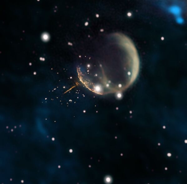 Resto da supernova CTB 1, que lembra uma bolha, e a trilha luminosa do pulsar J0002+6216 - Sputnik Brasil