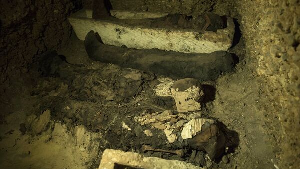 Múmias e outros artefatos em uma câmara sepulcral recentemente descoberta no sul do Cairo, Egito - Sputnik Brasil