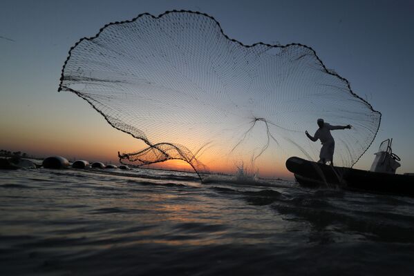 Pescador lança rede a partir de seu barco perto da costa de Abu Dhabi, Emirados Árabes Unidos - Sputnik Brasil