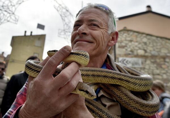 Homem segurando uma cobra no decorrer da procissão anual nas ruas da vila italiana de Cocullo - Sputnik Brasil
