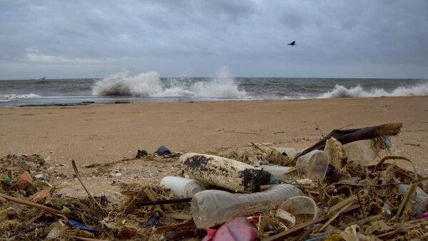 Uma garrafa plástica e outros detritos em praia do Oceano Índico localizada em Uswetakeiyawa, Sri Lanka. - Sputnik Brasil
