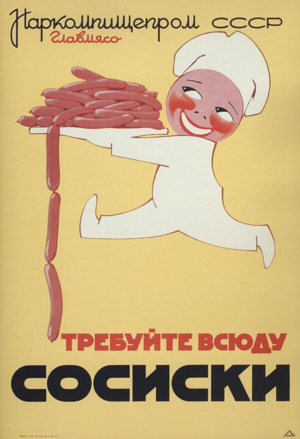 Cartaz soviético promovendo salsichas, com o lema Exijam salsichas em toda a parte, 1937 - Sputnik Brasil