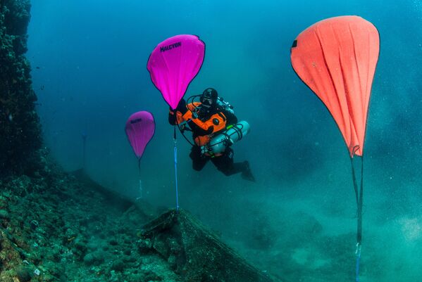 Mergulhadores limpam o lixo e redes de pesca do fundo marinho perto de Calcídica, Grécia - Sputnik Brasil