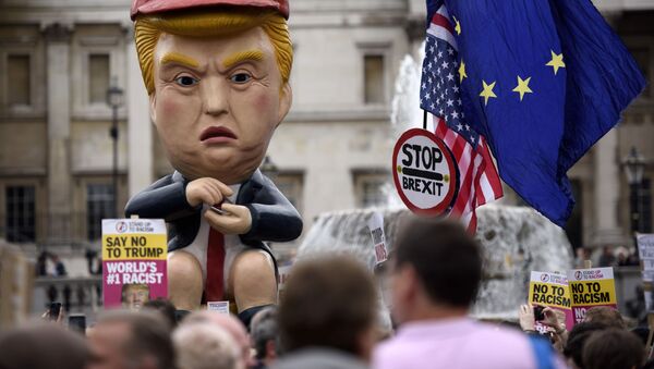 Manifestantes na Trafalgar Square, em Londres, contra a visita oficial do presidente dos EUA, Donald Trump, no Reino Unido - Sputnik Brasil