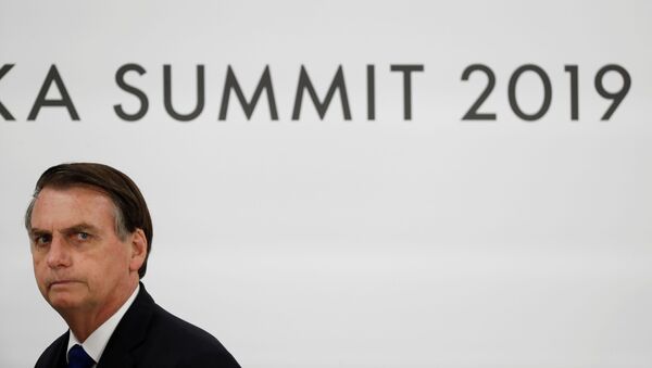 Presidente do Brasil, Jair Bolsonaro, durante entrevista coletiva na cúpula do G20 em Osaka, Japão, 29 de junho de 2019 - Sputnik Brasil