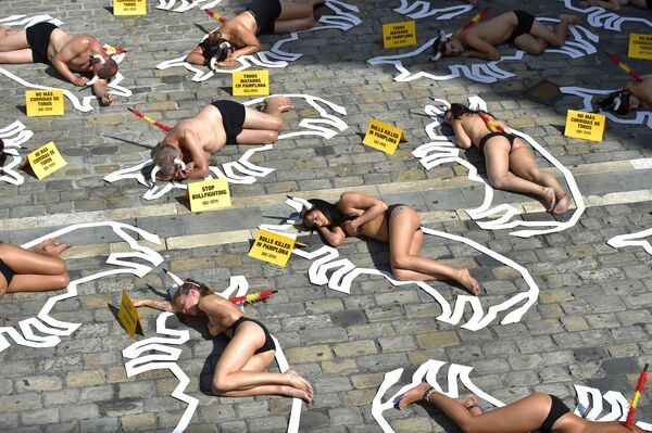 Ativistas dos direitos dos animais, deitados no chão em protesto contra as touradas na véspera das Festas de São Firmino - Sputnik Brasil
