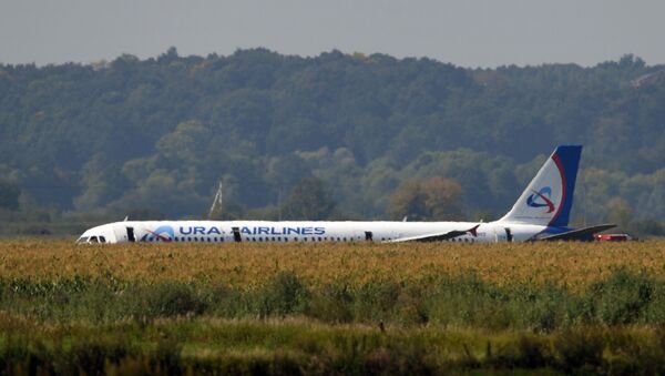 Avião A321 da companhia aérea Ural Airlines após o pouso de emergência perto do Aeroporto Internacional de Zhukovsky - Sputnik Brasil