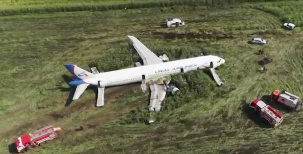 Avião visto de cima após aterrissagem, cercado por serviços de emergência - Sputnik Brasil
