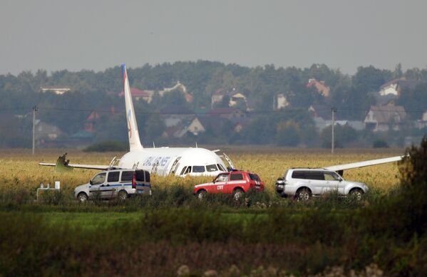 Avião Airbus A321 da companhia aérea Ural Airlines que fez um pouso forçado em uma plantação de milho, região de Moscou - Sputnik Brasil