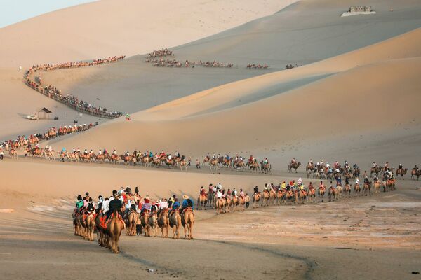 Turistas em camelos no deserto nos arredores da cidade de Dunhuang, noroeste na China - Sputnik Brasil