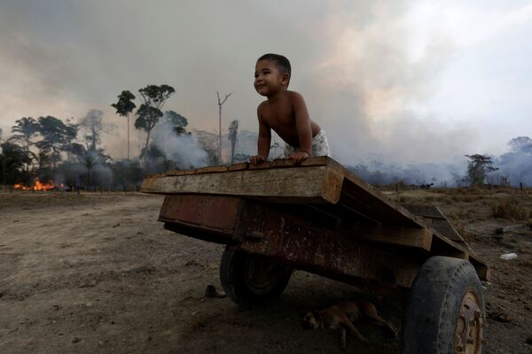 Criança brinca no meio de incêndios florestais na Amazônia - Sputnik Brasil