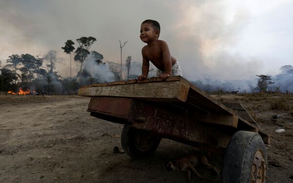 Criança brinca no meio de incêndios florestais na Amazônia - Sputnik Brasil