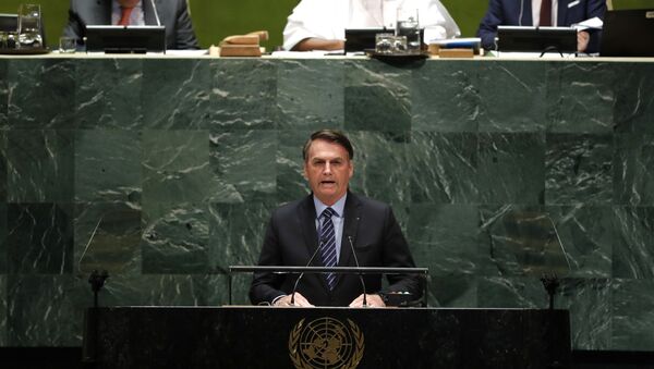 O presidente do Brasil, Jair Bolsonaro, discursa na abertura da 74ª Assembleia Geral da Organização das Nações Unidas (ONU), no dia 24 de setembro de 2019. - Sputnik Brasil