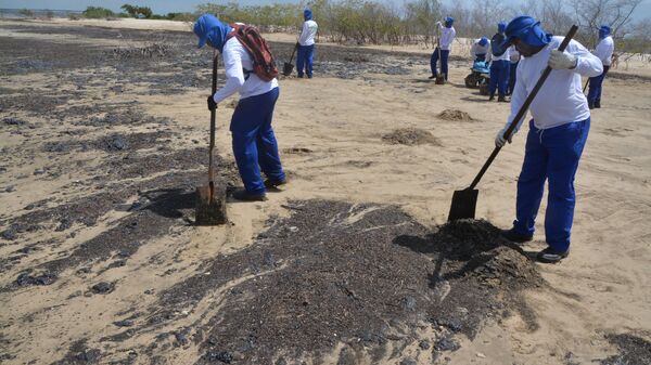 Agentes limpam manchas de óleo que atingiram a praia do Viral, na região de Mosqueiro, em Aracaju (SE) - Sputnik Brasil