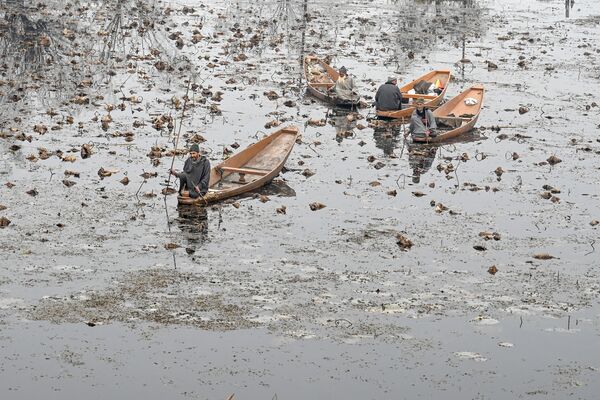 Homens em barcos no lago Nigeen, em Srinagar, na Índia - Sputnik Brasil